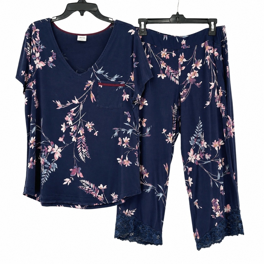 Soma Cool Nights Pajama Set XL Navy Blue Floral V-Neck Top Lace Trim Crop Pants
